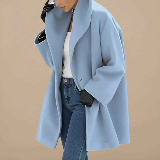 Women's Black Oversized A Line Wide Collar Mid Length Coat Blue