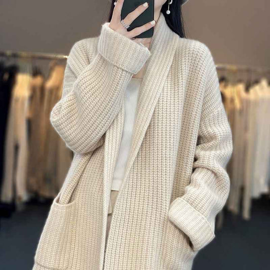 Women's Oversized Chunky Knit V Neck Pocket Relaxed Cardigan