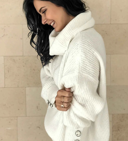 Women's Ribbed Knit Oversized Cowl Neck White Winter Sweater