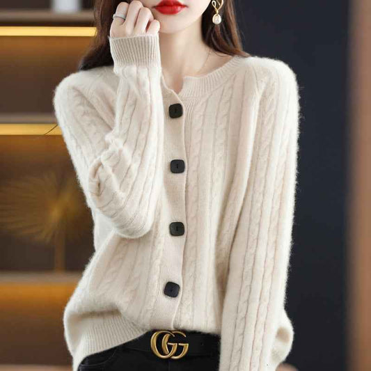 Women's Knit Relaxed Fit Button Front Crewneck Solid Khaki Cardigan Beige