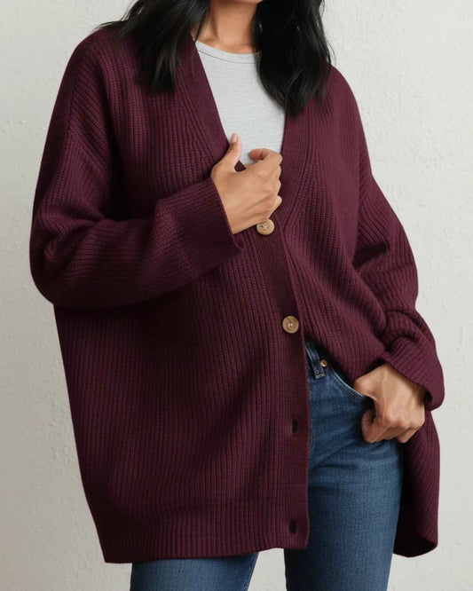 Women's Oversized V Neck Button Front Acrylic Knit Cardigan Red