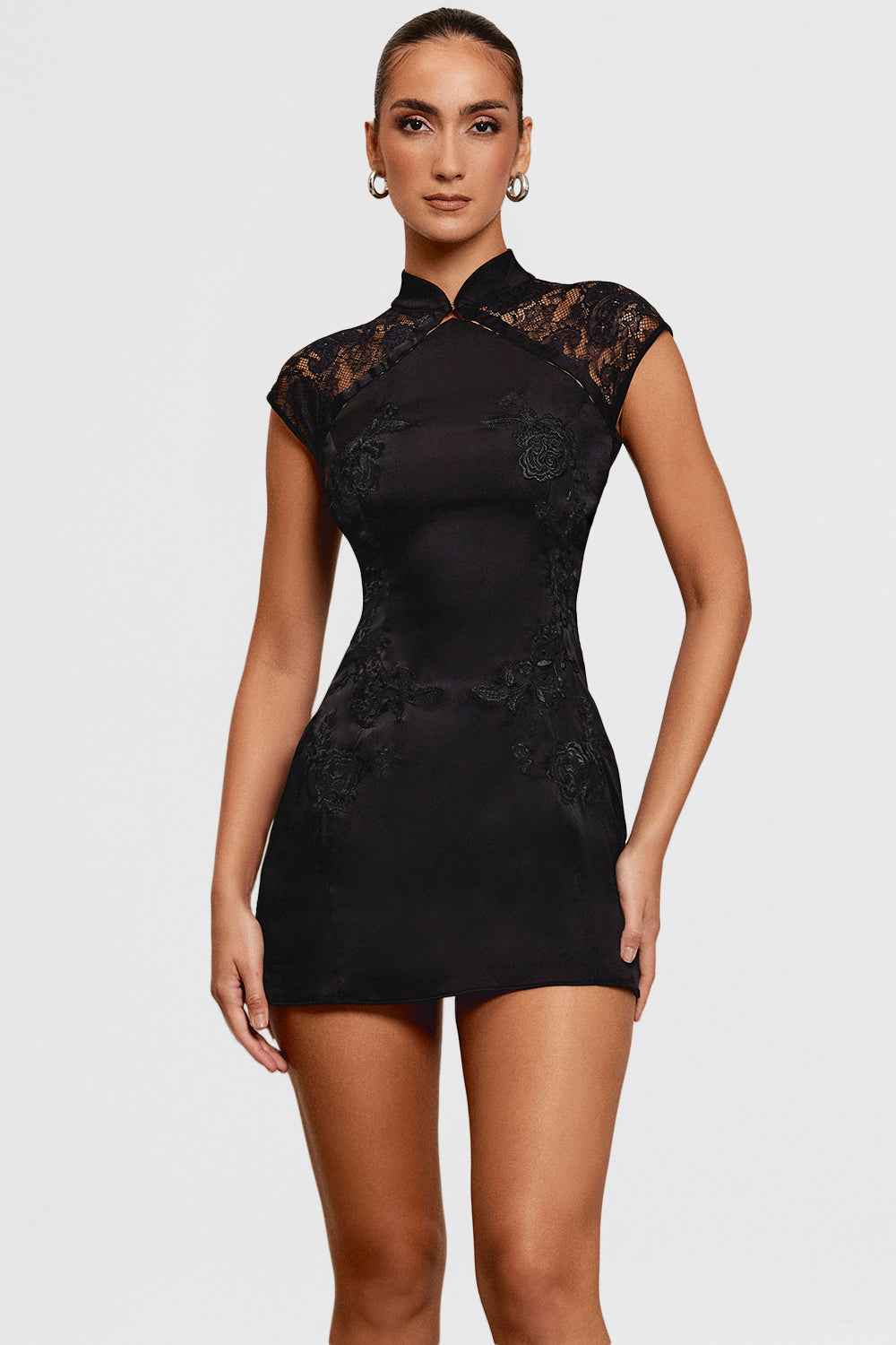 Women's Slim Fit Mini Dress – Shiny Luxury Fabric with Lace Details and Cap Sleeves