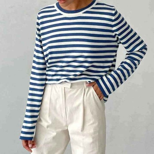 Women's Blue Striped Relaxed Fit Ribbed Crew Neck Sweater