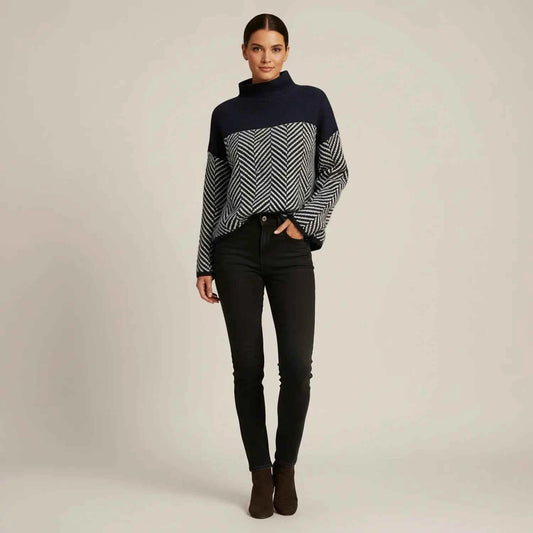 Women's Oversized Color Block Navy Blue Winter Turtleneck