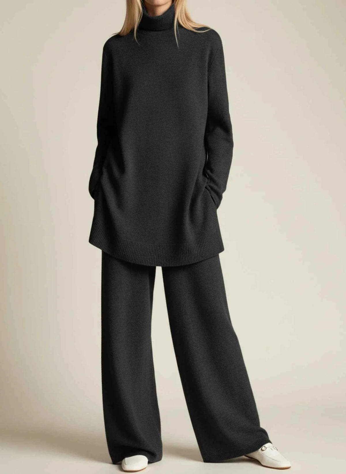 Women's Cotton Apparel Relaxed Fit Black White Turtleneck Black