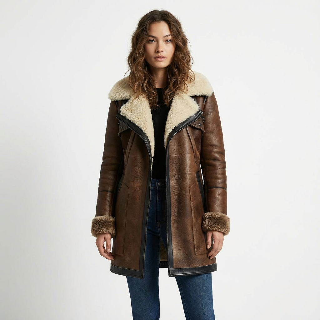 Women's Leather Coat Regular Fit Pockets Brown Winter Brown