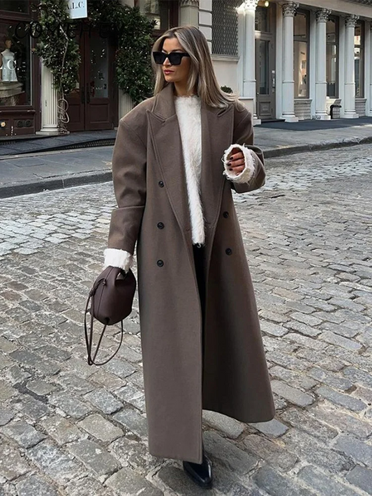 Women's Black Wool Blend Loose Fit Double Breasted Overcoat Brown