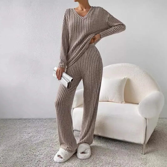 Women's Beige Ribbed Knit V Neck Sweater and Pants Lounge Set Light Brown