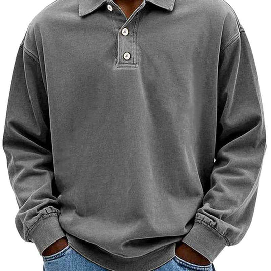 Men's Cotton Long Sleeve Relaxed Fit Collar Ribbed Cuffs Solid Hoodie Gray