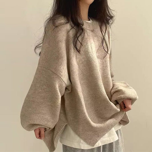 Women's Crewneck Oversized Cropped Ribbed Cuffs Long Sleeve Sweater Khaki One Size
