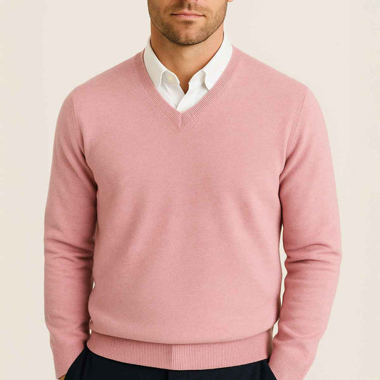 Men's V-Neck Knit Pullover Sweater Pink