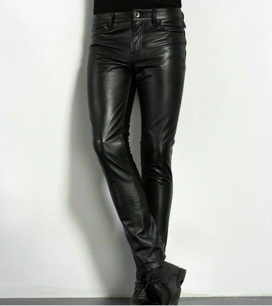 Men's Faux Leather Slim Fit Pants – Five Pockets, Full Length, Belt Loops
