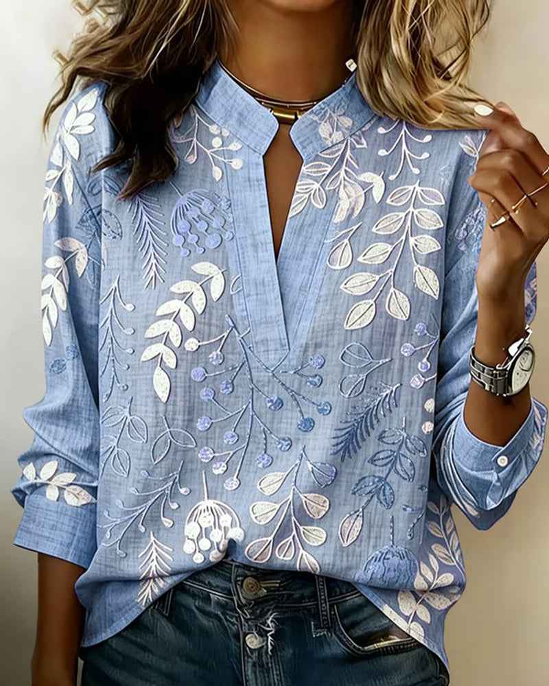 Women's Soft Touch Floral V-Neck Blouse in Pastel Colors Blue