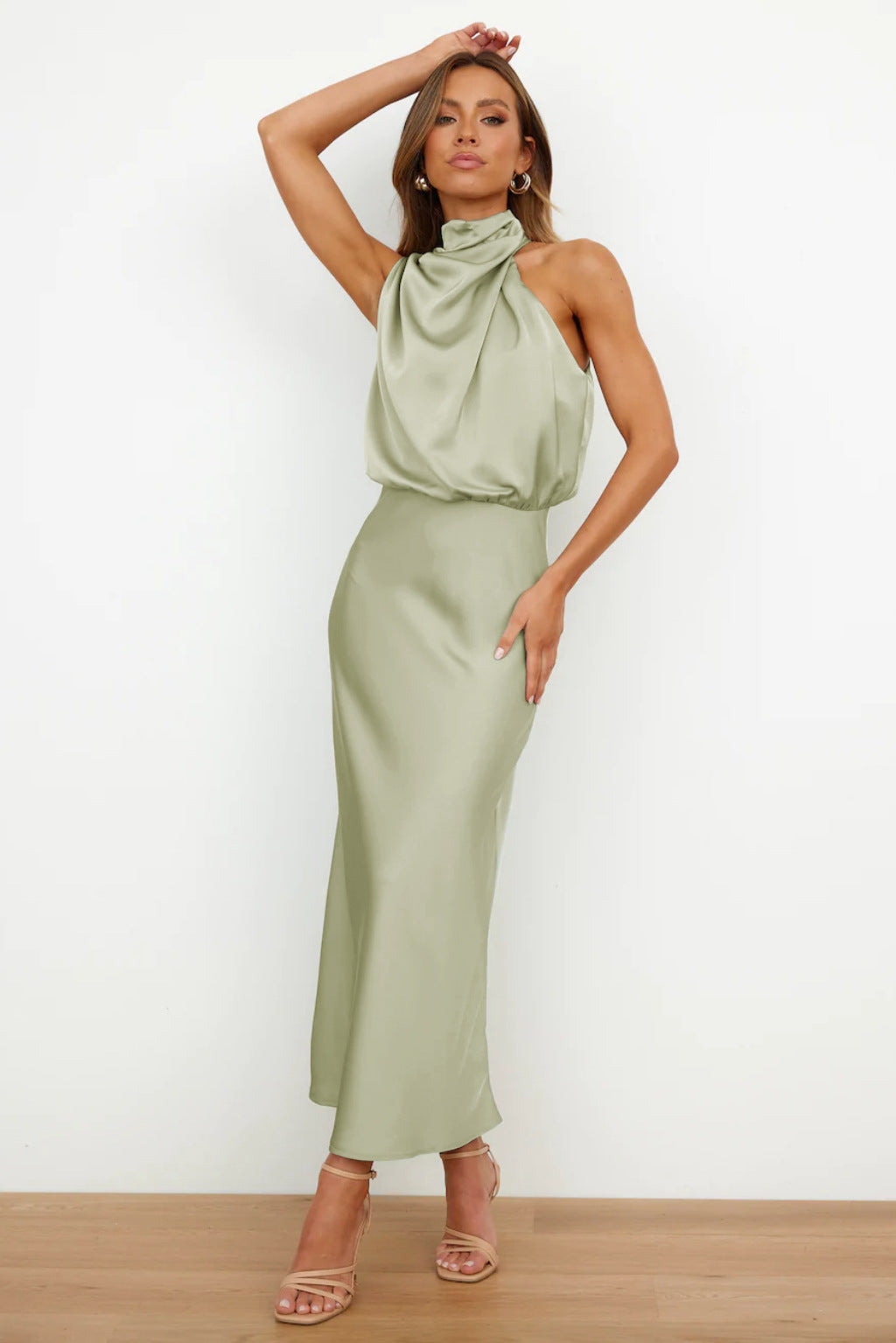 Women's Long Satin Halterneck Dress Light Green