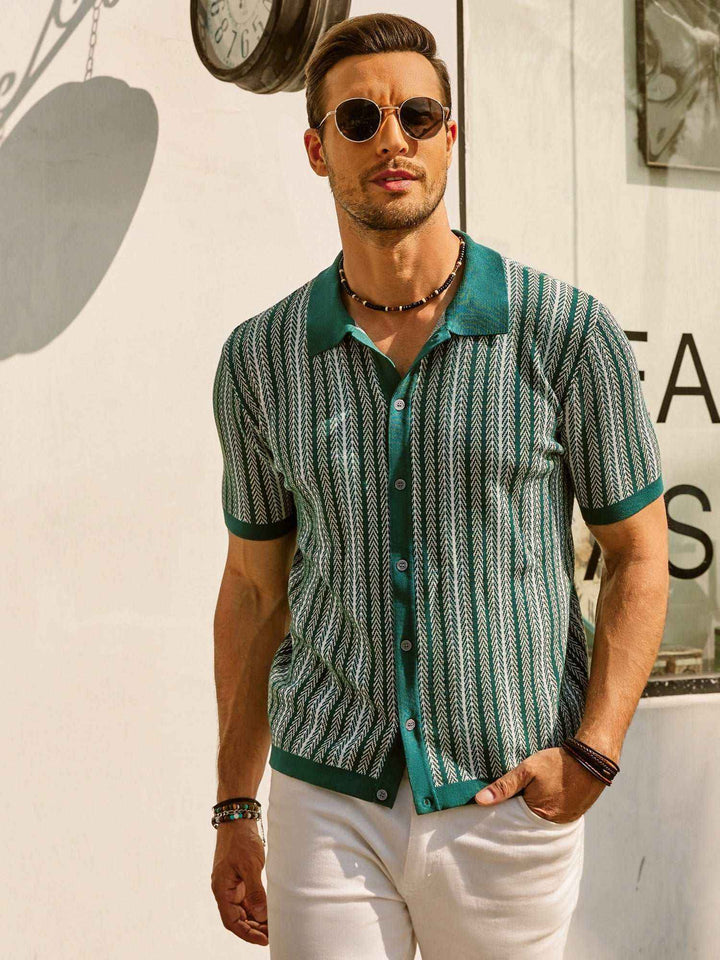 Men's Slim Fit Polo Shirt – Retro Stripes – Short Sleeve – Breathable Tricot Green