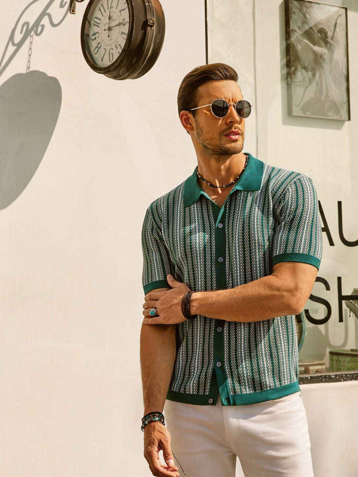 Men's Slim Fit Polo Shirt – Retro Stripes – Short Sleeve – Breathable Tricot