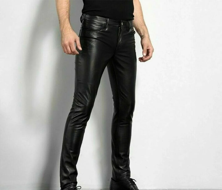 Men's Faux Leather Slim Fit Pants – Five Pockets, Full Length, Belt Loops