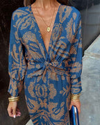 Women's Floral Print Midi Dress - V-Neck, Long Sleeves, Elegant Waistband