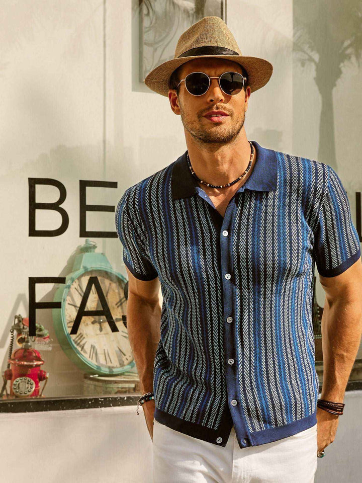 Men's Slim Fit Polo Shirt – Retro Stripes – Short Sleeve – Breathable Tricot