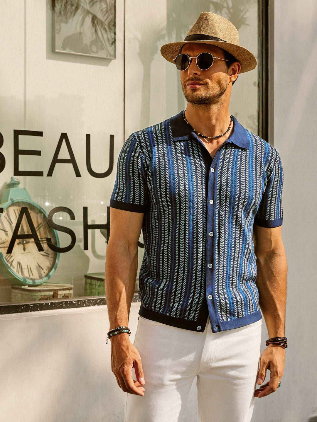 Men's Slim Fit Polo Shirt – Retro Stripes – Short Sleeve – Breathable Tricot Blue