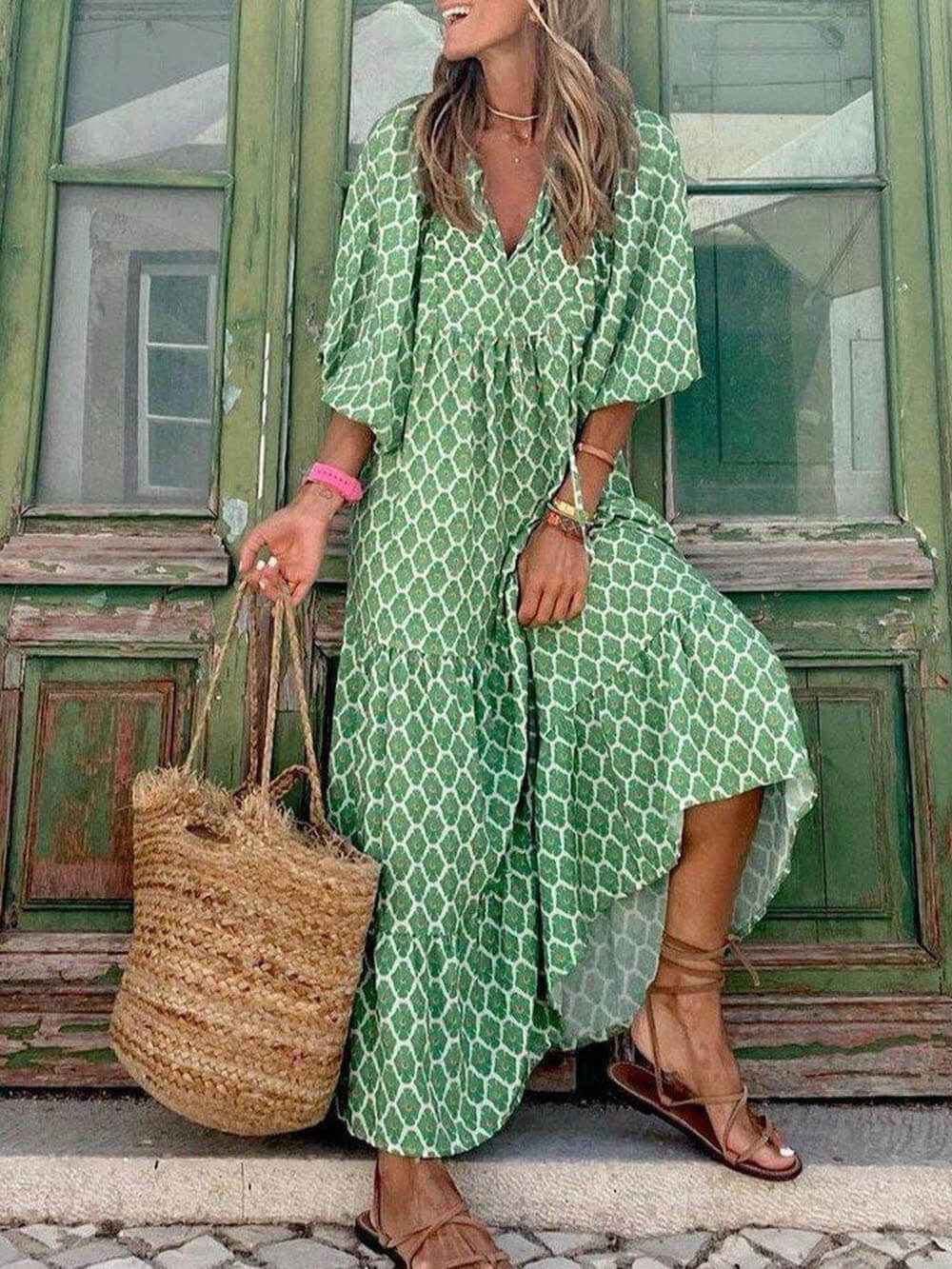 Women's Bohemian Maxi Dress with Vibrant Prints Light Green