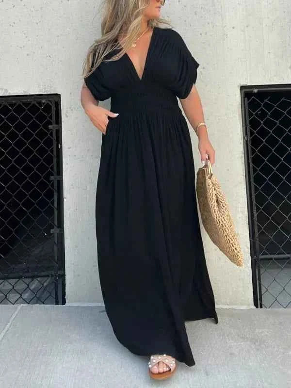 Women's Elegant Deep V-Neck Maxi Dress - Tailored Fit with Split Skirt