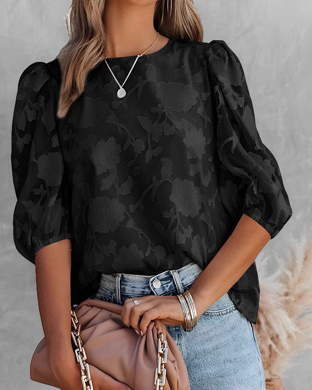 Women's Floral Jacquard Summer Blouse with Puff Sleeves Black