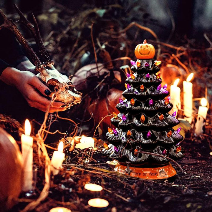 Halloween's LED Ceramic Holiday Tree with Purple Orange Beads Finish