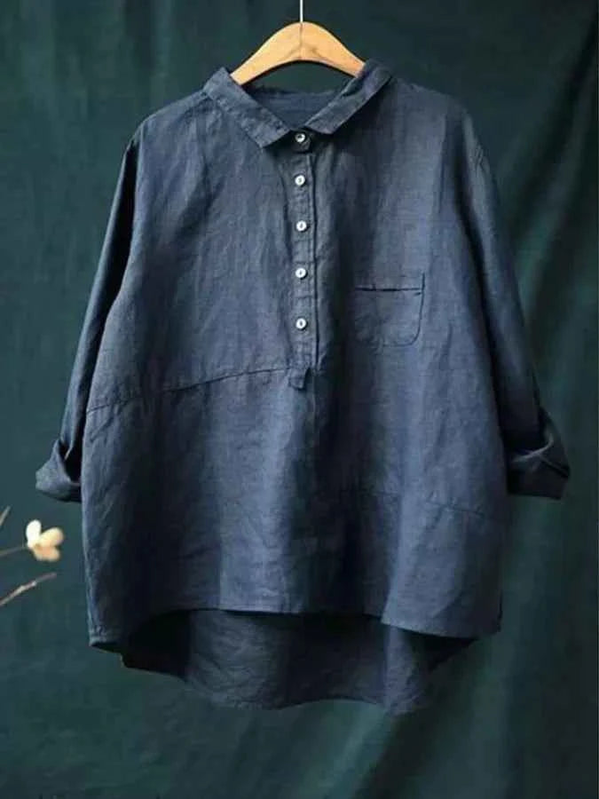 Women's Relaxed Fit Linen Shirt – Long Sleeve – Breathable Classic Collar Navy Blue
