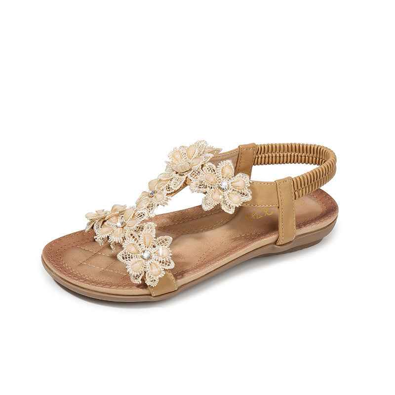 Large Size Sandals Women T-Shaped Flower Women Sandals Beach Sandals Apricot