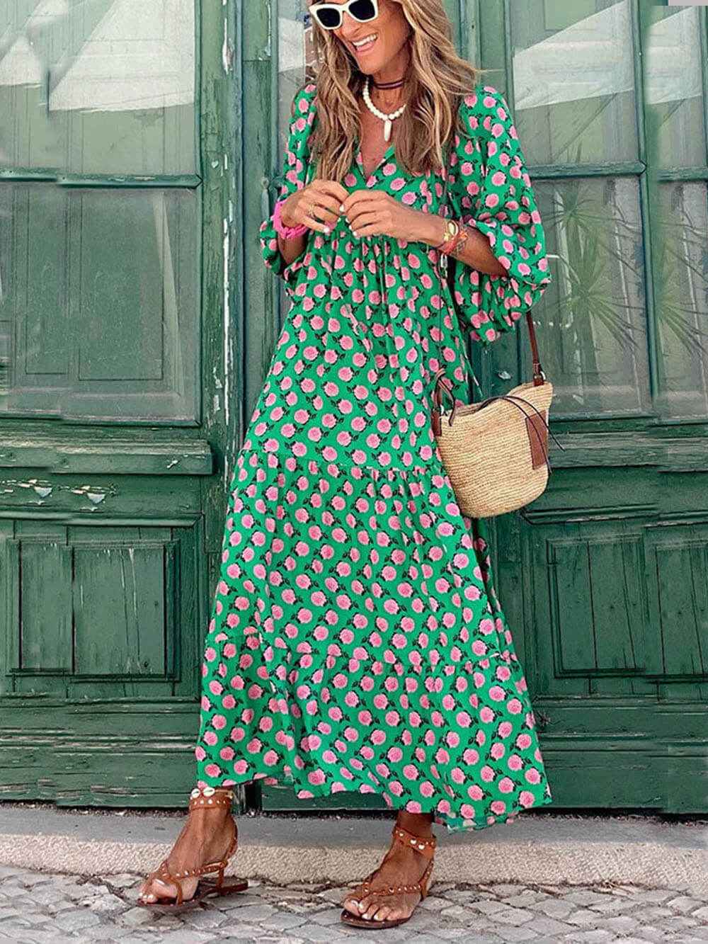 Women's Bohemian Maxi Dress with Vibrant Prints Dark Green