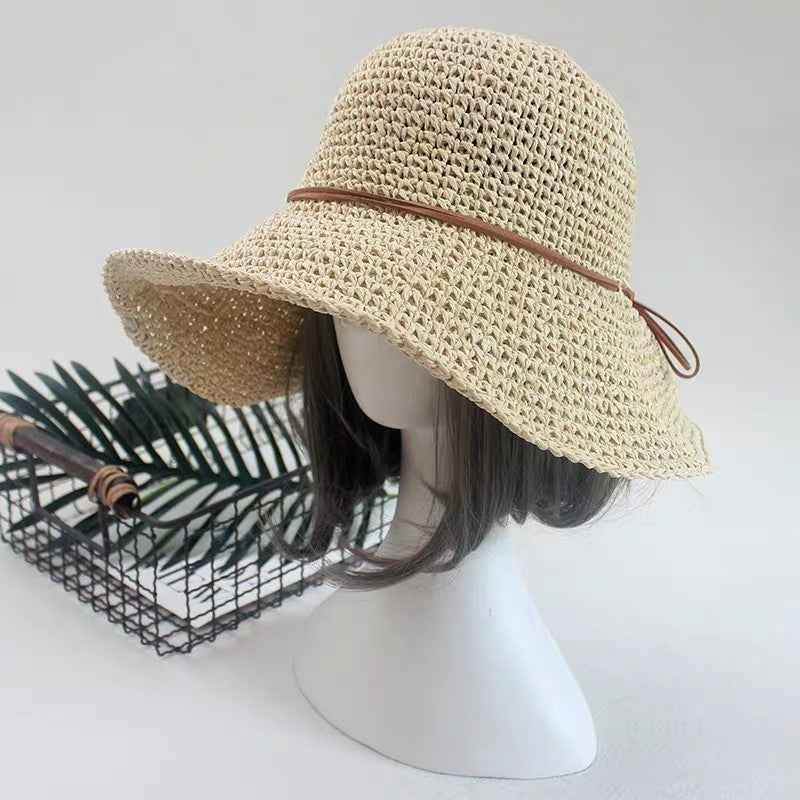 Straw Hat Sunshade Foldable Travel Beach Straw Hat Beige One size
