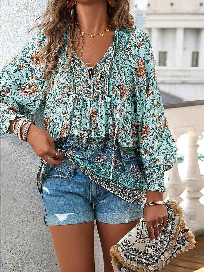 Women's Floral Print V-Neck Blouse with Puff Sleeves Green