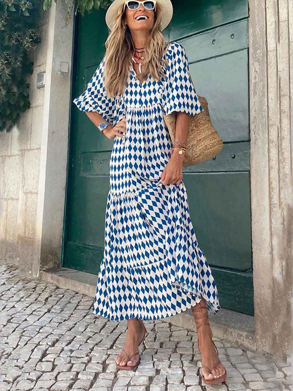 Women's Bohemian Maxi Dress with Vibrant Prints Sky Blue