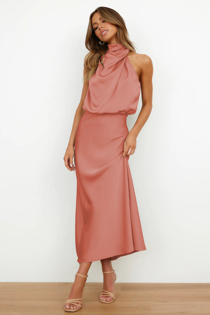 Women's Long Satin Halterneck Dress Salmon Pink