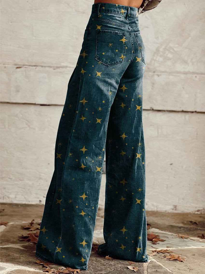 Women's High Waist Wide-Leg Star Print Pants – Casual Fit – 3D Printed Design