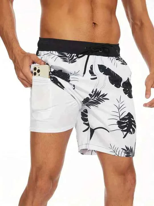 Men's Stylish Swim Shorts with Lining and Phone Pocket Monochrome flora