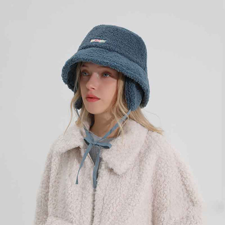 Female Lamb Hair Ear Protection Fisherman Hat Grey blue One size