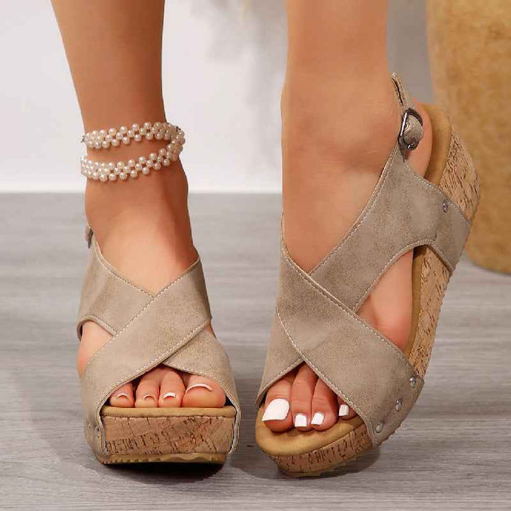 Women's Rivet Wedges Snadals Thick Bottom Fish Mouth Shoes Summer Beige