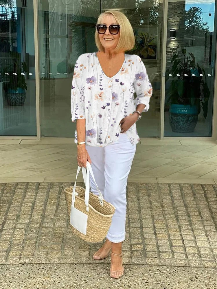 Women's Embroidered V-Neck Blouse with Soft Three-Quarter Sleeves White