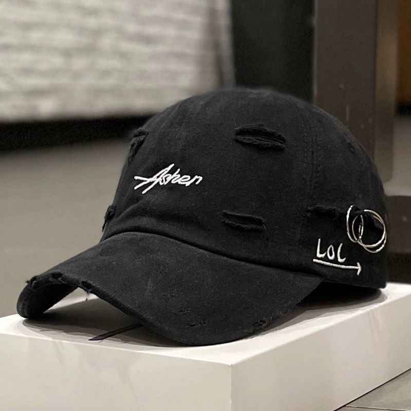 Korean Ins Retro Tattered Jeans Soft Peaked Cap Women Black M