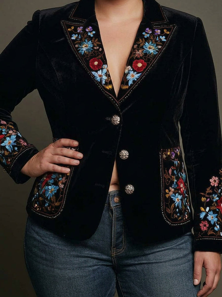 Women's Black Floral Embroidered Lined Blazer Jacket