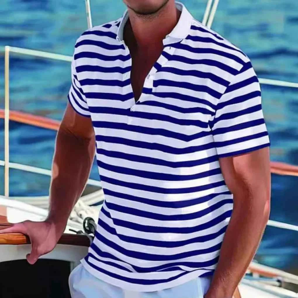 Men's Retro Striped Casual Polo Shirt Navy Blue