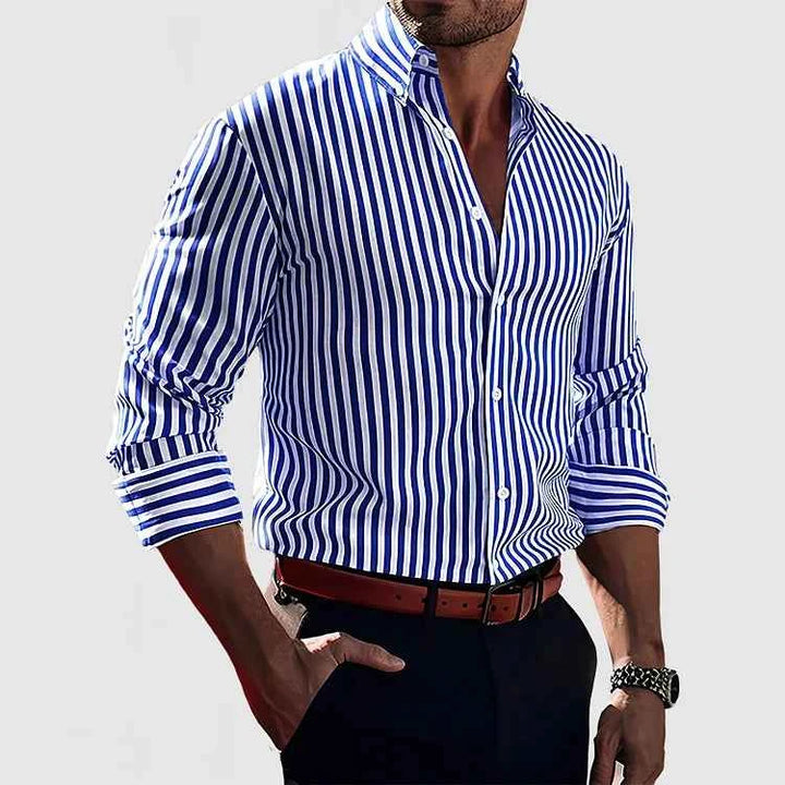 Men's Chic Striped Button-Up Shirt Blue