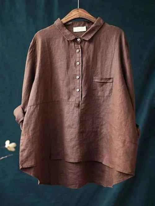 Women's Relaxed Fit Linen Shirt – Long Sleeve – Breathable Classic Collar Brown