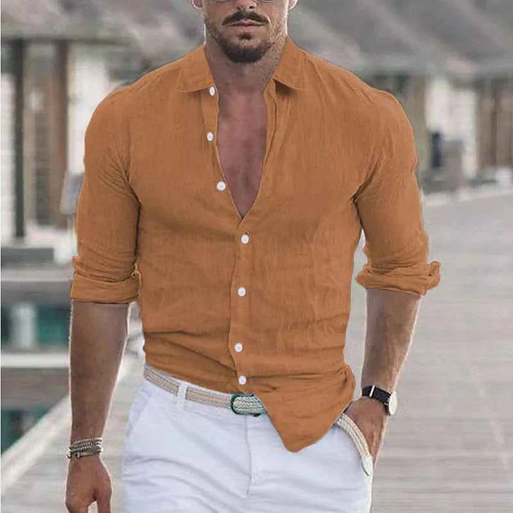 Men's Linen Shirt with Classic Turn-Down Collar Orange