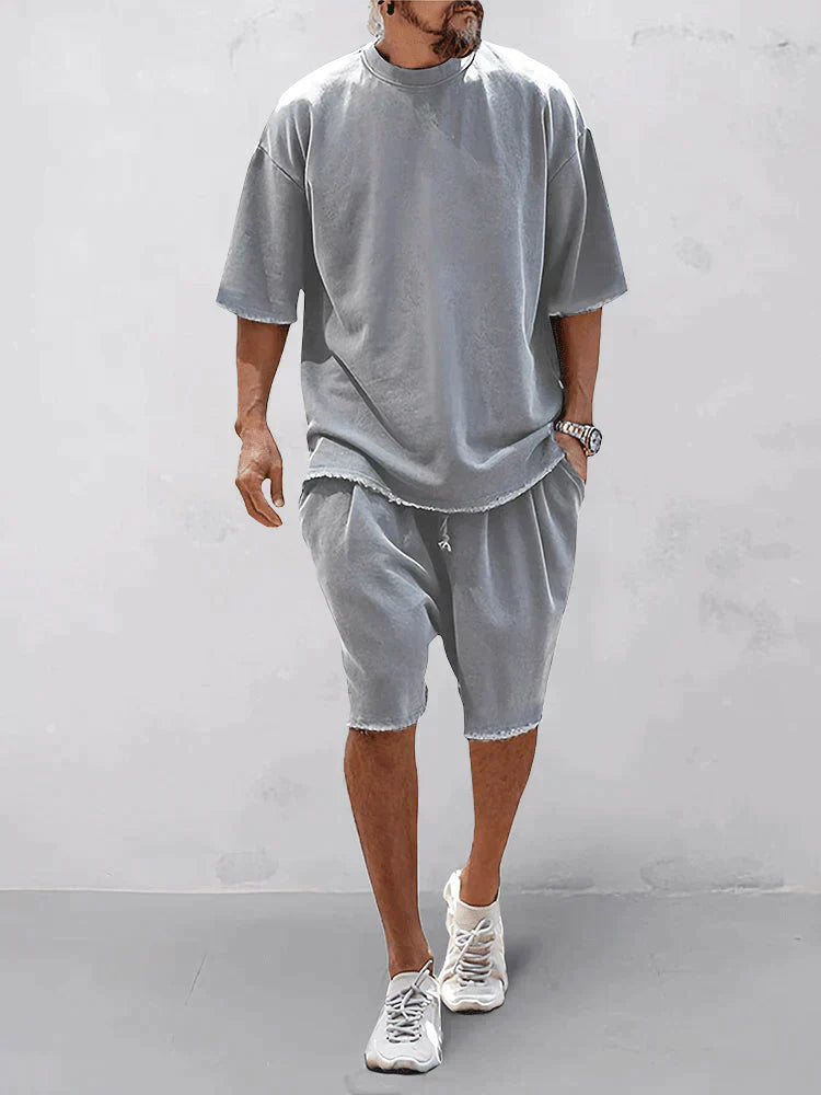 Men's Casual Oversized T-Shirt and Shorts Streetwear Outfit Light Gray