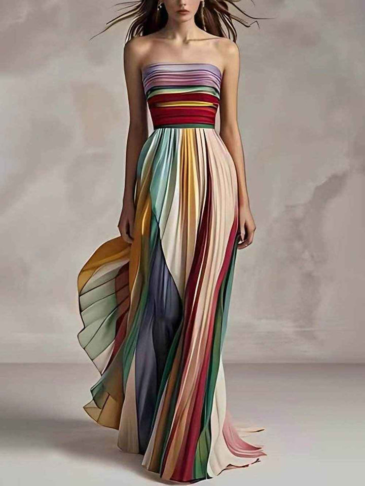 Women's Off-Shoulder Striped Pleated Maxi Dress Multi