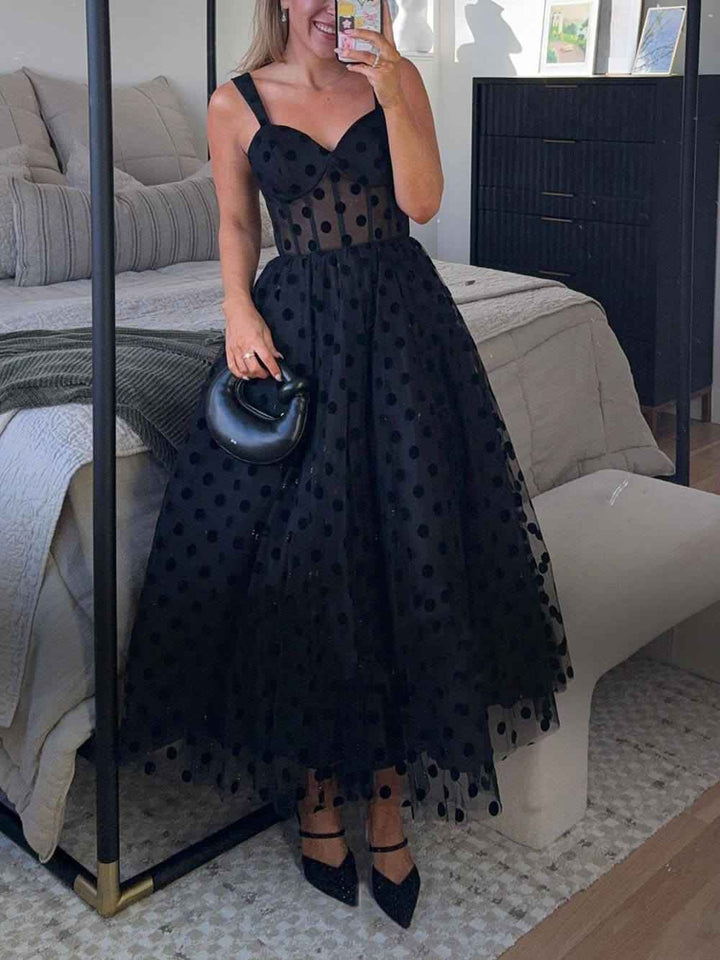 Women's A-Line Midi Dress with Tulle Polka Dot Sweetheart Bustier Black
