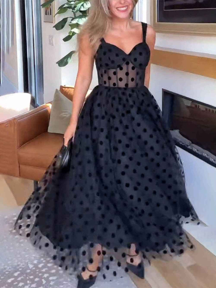 Women's A-Line Midi Dress with Tulle Polka Dot Sweetheart Bustier